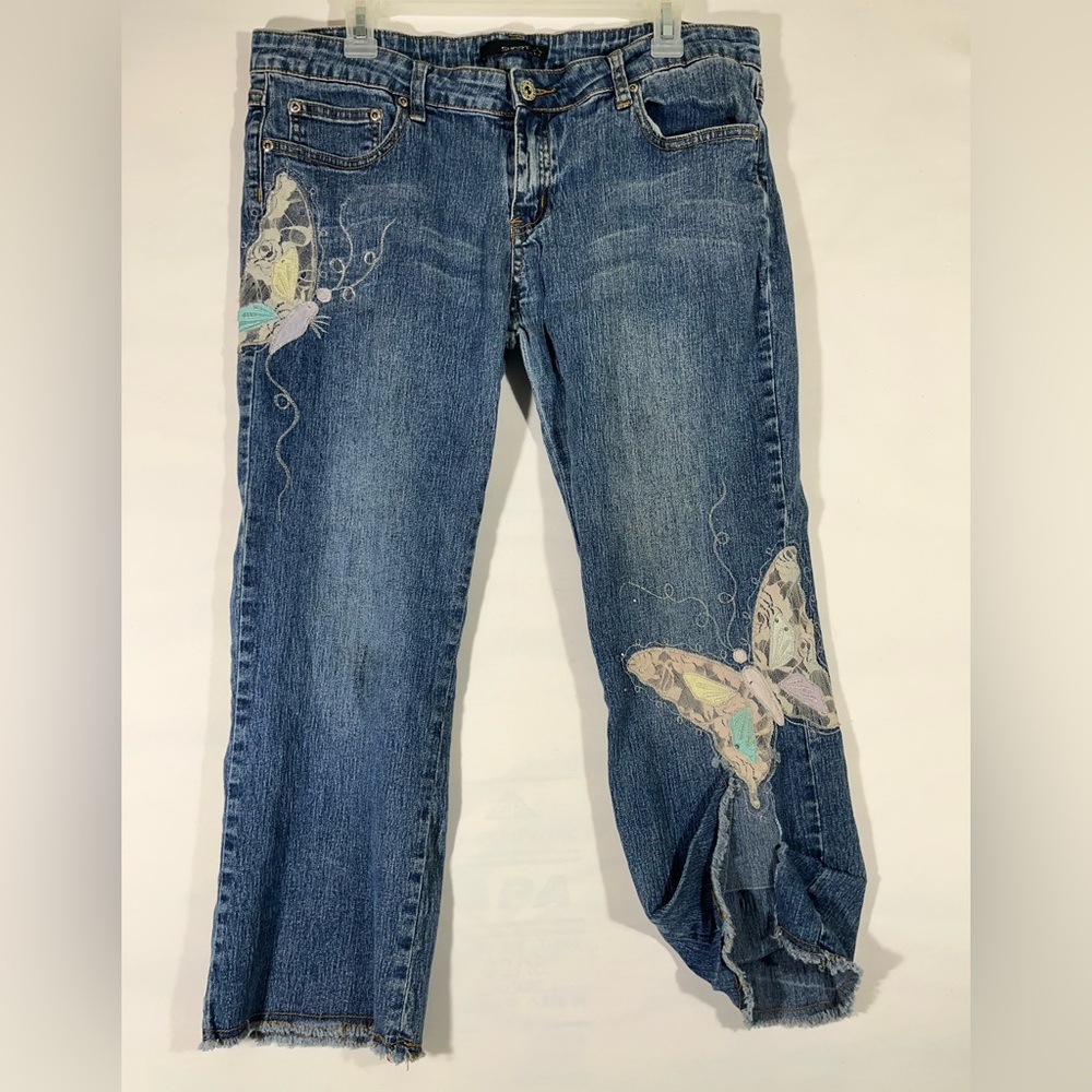Shorty Jeans Women Boho Butterfly Lace Appliqué Crop Distressed Fray Hem Sz‎ 15